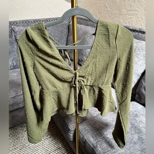 Altar’d State Green Boho Crop Top XS With Long Flowing Romantic Sleeves